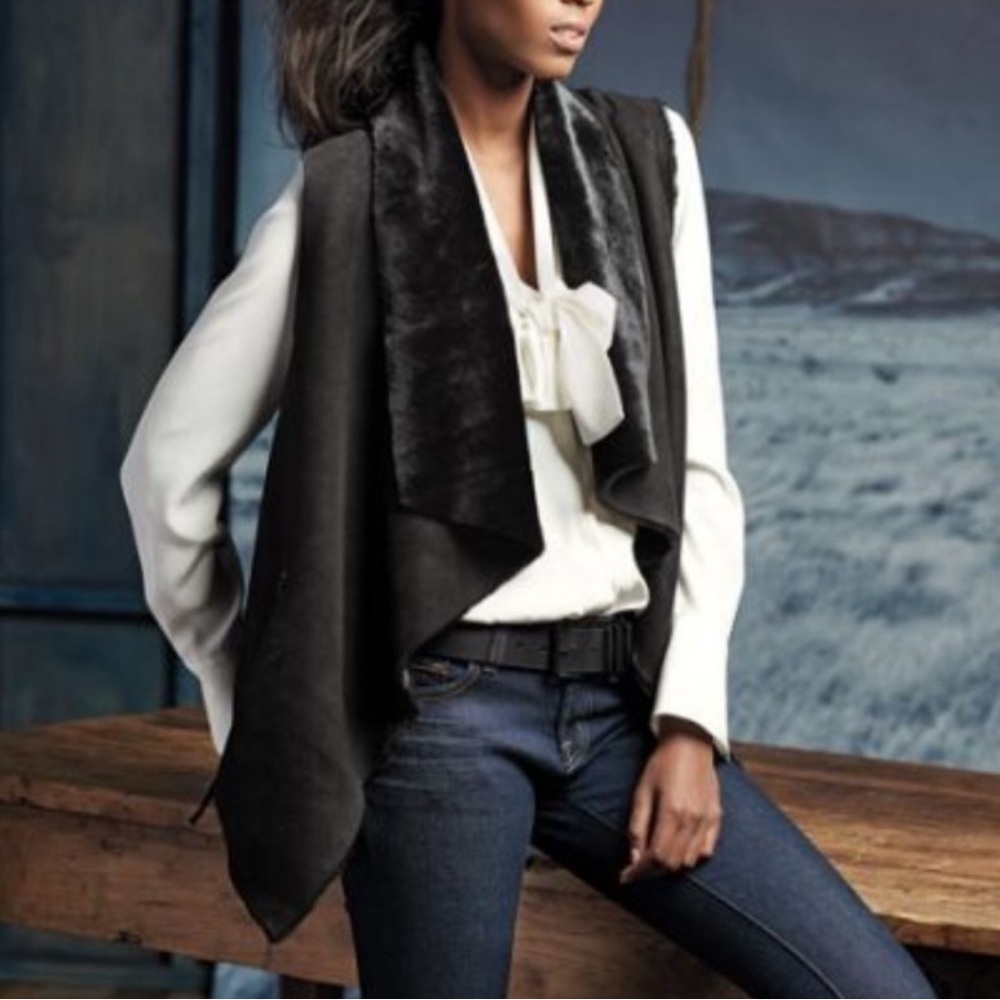 Neiman Marcus Faux Shearling Vest Black Drape Front Sleeveless Open Jacket in M